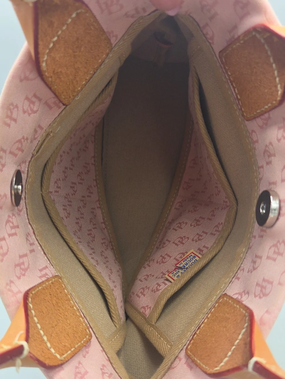 Dooney Bourke DB Monogram Drawstring Tote Canvas Leather Tassel Pink